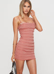 side view of model wearing Princess Polly Gradine Mini Dress Pink Square Neck 