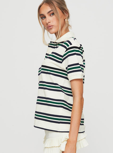 side view of model wearing Princess Polly Leisure Polo Ivory Moss Short Sleeves High Neck 