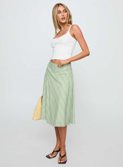   side view of model wearing Princess Polly Vettie Midi Skirt Green Multi Midi Skirts 