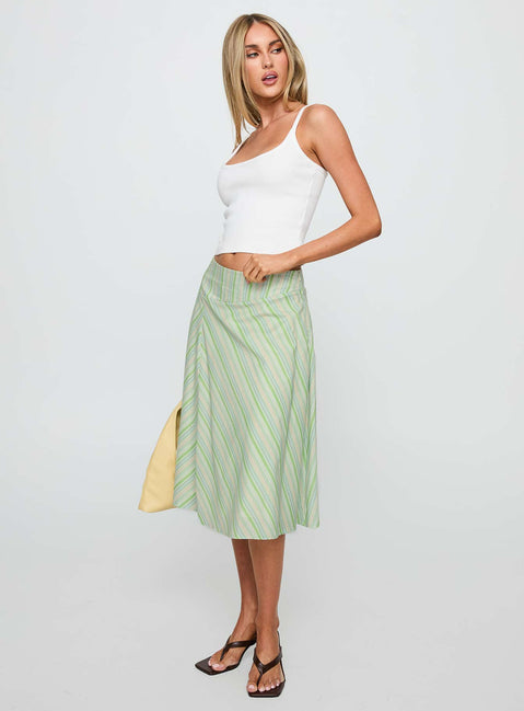   side view of model wearing Princess Polly Vettie Midi Skirt Green Multi Midi Skirts 