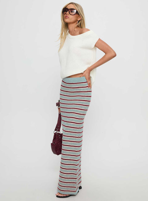   side view of model wearing Princess Polly On Air Knit Maxi Skirt Multi Stripe 