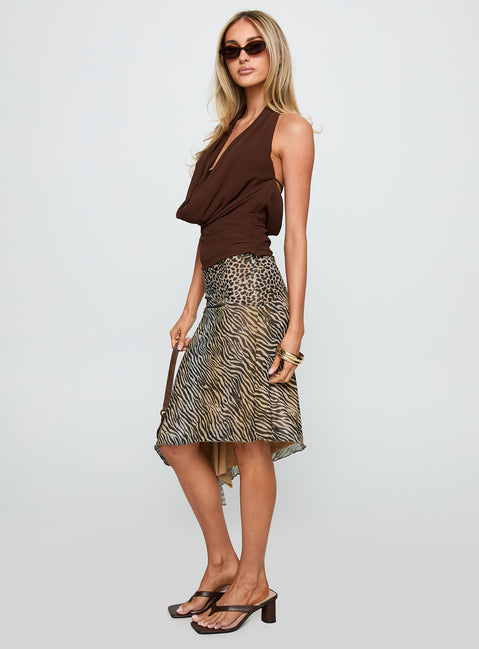 back view of model wearing Princess Polly Diora Asymmetrical Midi Skirt Animal Print Midi Skirts 