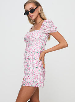 side view of model wearing Princess Polly Hollen Mini Dress White Floral Square Neck 