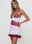 side view of model wearing Princess Polly Love Is Alive Lace Mini Dress Lilac Plunger 