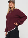 side view of model wearing Princess Polly Niomie Knit Sweater Burgundy Long 