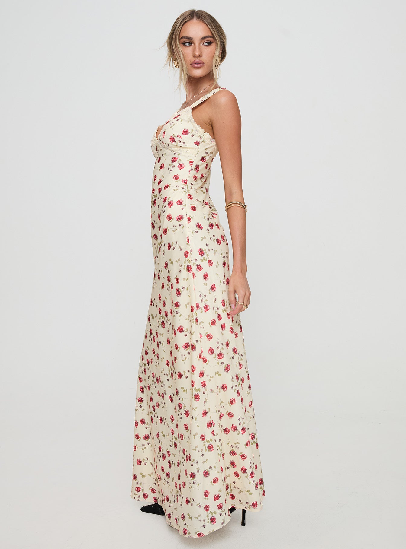 side view of model wearing Princess Polly Verona Maxi Dress Multi V-Neck 