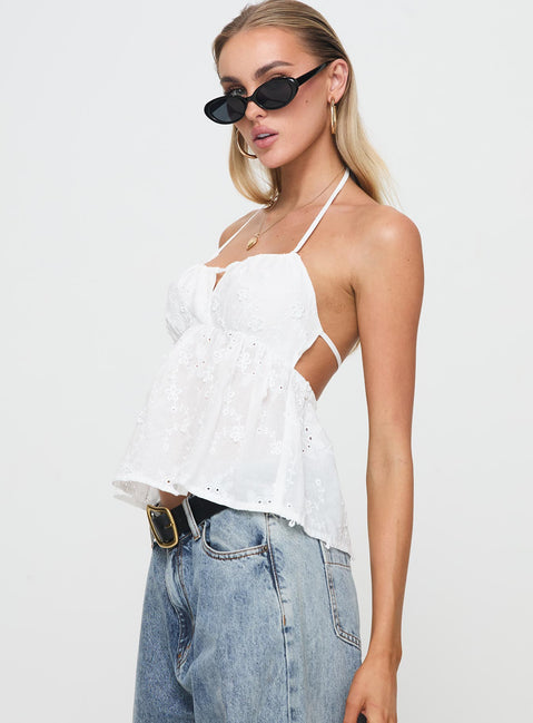 side view of model wearing Princess Polly Guerin Top White Sleeveless Square Neck 