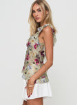 Top Floral top, v neckline, lace trim, asymmetrical hem, invisible zip fastening Non-stretch material, lined bust 