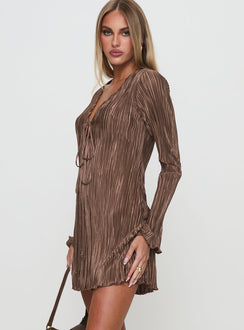 side view of model wearing Princess Polly Malop Long Sleeve Mini Dress Chocolate V-Neck 