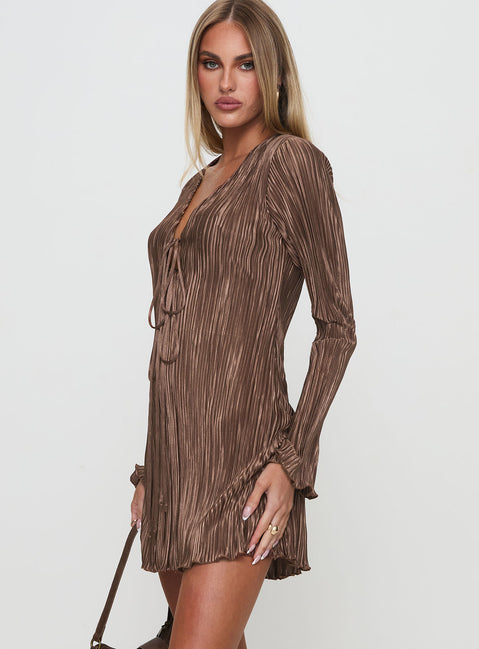 side view of model wearing Princess Polly Malop Long Sleeve Mini Dress Chocolate V-Neck 