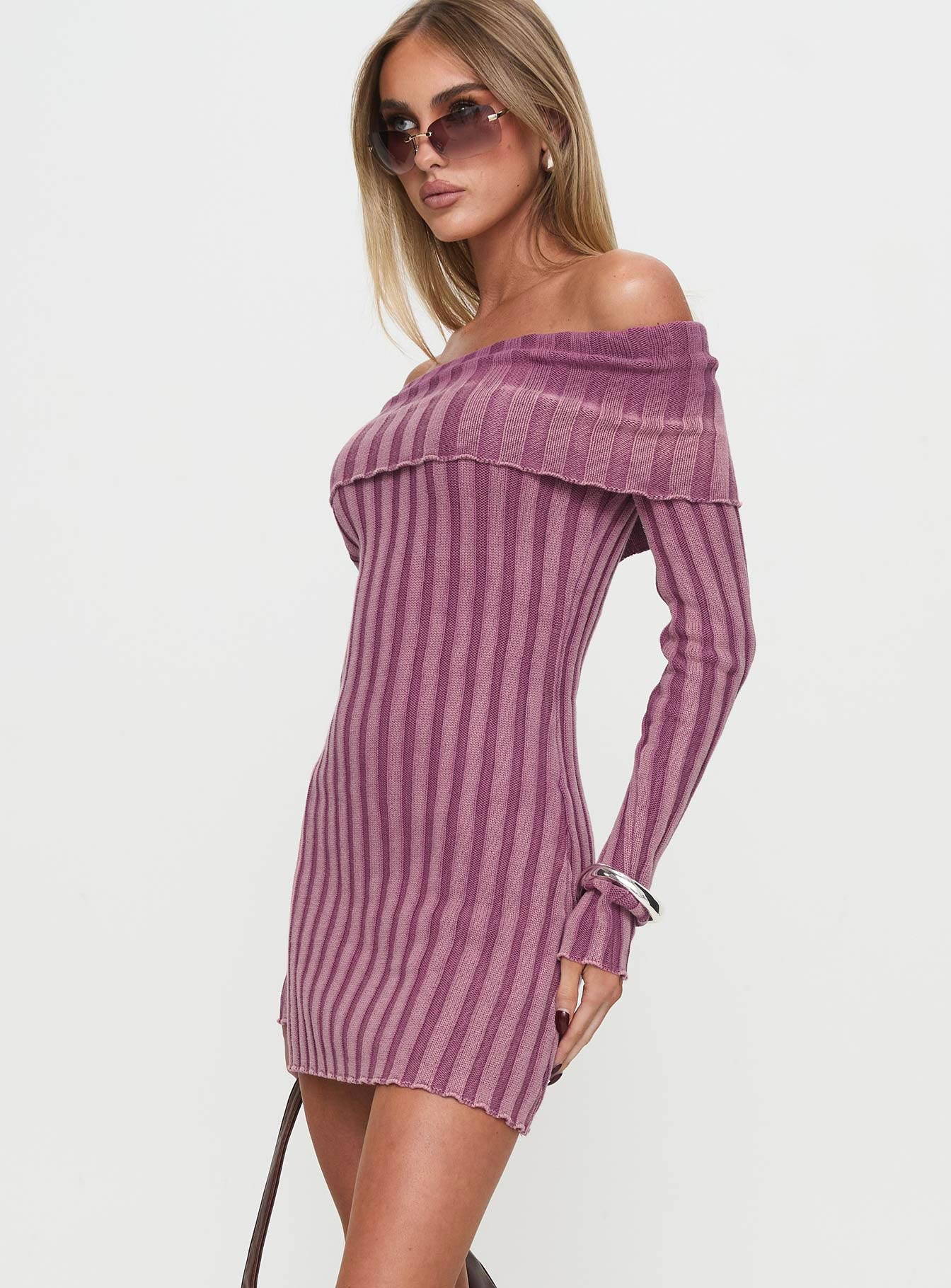 side view of model wearing Princess Polly Kalesie Long Sleeve Rib Mini Dress Pink Straight Neck 
