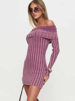side view of model wearing Princess Polly Kalesie Long Sleeve Rib Mini Dress Pink Straight Neck 