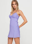 side view of model wearing Princess Polly Emily Mini Dress Lilac V-Neck 