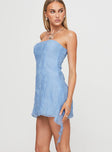 side view of model wearing Princess Polly Tomika Strapless Mini Dress Blue Straight Neck 