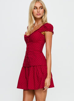 Ottillie Lace Trim Button Down Mini Dress Red Polka Dot
