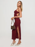 side view of model wearing Princess Polly Elestria Maxi Dress Burgundy Scoop Neck 