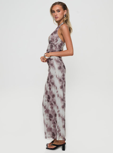 side view of model wearing Princess Polly Grenier Maxi Dress Multi Plunger 