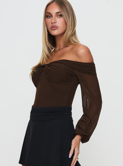 side view of model wearing Princess Polly Babette Off The Shoulder Bodysuit Brown Long Sleeve Tops 