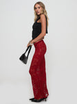   side view of model wearing Princess Polly Lombardio Lace Maxi Skirt Burgundy Maxi 