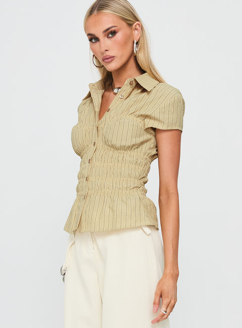 Liesel Shirred Short Sleeve Top Butter Stripe