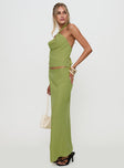   side view of model wearing Princess Polly Eleganza Maxi Skirt Green Maxi 