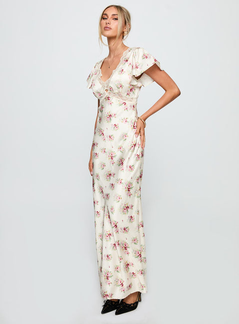 side view of model wearing Princess Polly Miraselle Maxi Dress Cream Floral V-Neck 