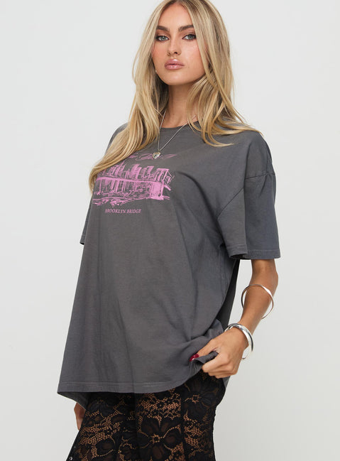 back view of model wearing Princess Polly Brooklyn Bridge Tee Black Half Sleeves Crew Neck 