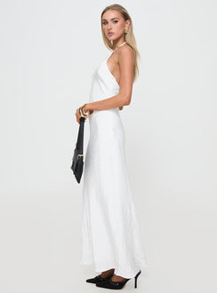 side view of model wearing Princess Polly Just Peachy Maxi Dress White Crew Neck 