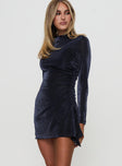 side view of model wearing Princess Polly Souza Long Sleeve Mini Dress Navy High Neck 