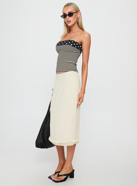   side view of model wearing Princess Polly Rosette Frill Midi Skirt Cream Midi Skirts 