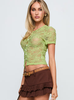 side view of model wearing Princess Polly Lindy Button Up Sheer Top Green Short Sleeves Crew Neck 