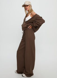 side view of model wearing Princess Polly All Day Straight Leg Sweatpants Chocolate Brown High Rise Pants 