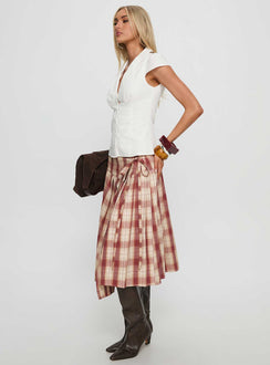   side view of model wearing Princess Polly Norie Wrap Pleat Midi Skirt Red Plaid Midi Skirts 