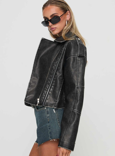 Faux leather jacket Classic collar, silver-toned hardware, twin pockets, dual zip fastening Non-stretch material, fully lined 