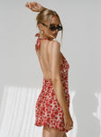 back view of model wearing Princess Polly Neelia Mini Dress Red Floral 