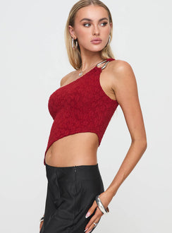side view of model wearing Princess Polly Toomba One Shoulder Top Blurred Lace Red Sleeveless Asymmetric Neckline 