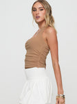 side view of model wearing Princess Polly Roxanna Top Beige Sleeveless Square Neck 