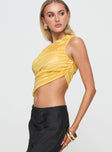 side view of model wearing Princess Polly Brinstead One Shoulder Top Yellow Sleeveless Asymmetric Neckline 