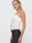 side view of model wearing Princess Polly Pankma Lace Top White Sleeveless Sweetheart 