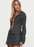 side view of model wearing Princess Polly Saraya Long Sleeve Ring Top Grey Pinstripe Full Sleeves Plunger 