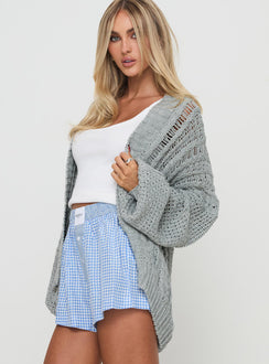 side view of model wearing Princess Polly Abner Cable Cardigan Light Grey 