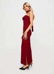 side view of model wearing Princess Polly Melantha Strapless Maxi Dress Red Straight Neck 