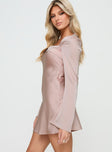 side view of model wearing Princess Polly Phillipa Long Sleeve Mini Dress Pink Square Neck 