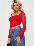 side view of model wearing Princess Polly Tyren Top Red Full Sleeves Square Neck 