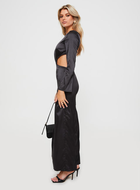 side view of model wearing Princess Polly Lucienne Long Sleeve Maxi Dress Black 