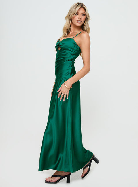 side view of model wearing Princess Polly Blackthorn Maxi Dress Green Sweetheart Neckline 