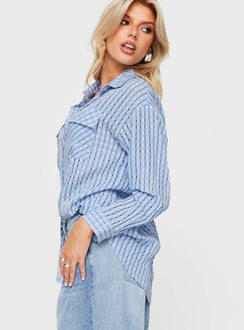 side view of model wearing Princess Polly Oristano Shirt Blue Full Sleeves V-Neck 