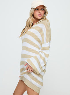 side view of model wearing Princess Polly Williamson Sweater Mini Dress Beige / White V-Neck 