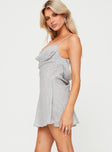 side view of model wearing Princess Polly Tallowood Mini Dress Grey Cowl Neck 