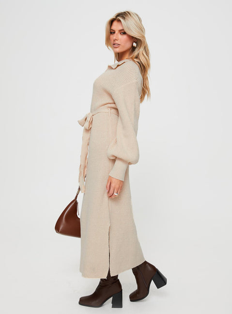 side view of model wearing Princess Polly Oriel Long Sleeve Knit Maxi Dress Beige V-Neck 